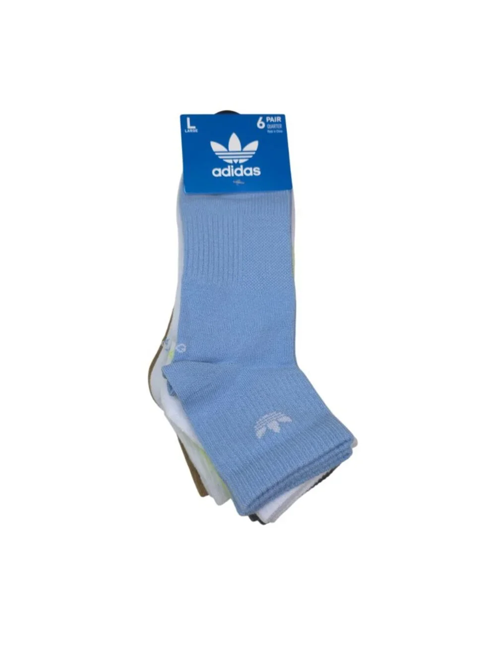 Adidas 6-Pair Quarter Socks Large Womens 10-13 Mens 8-12 Blue White Green Brown